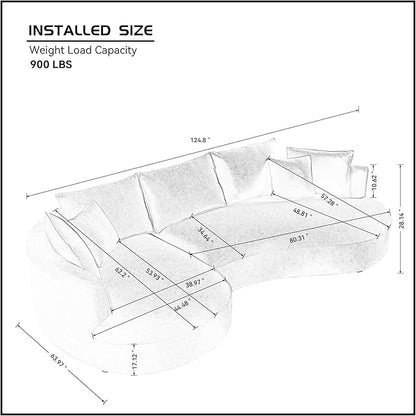 125'' Modern Curved Cloud Sofa Luxury Living Room 5 Seater Combo Sofa Cloud Curve Design Mid Century Upholstered Sofa with Ottoman for Living Room Bedroom Apartment (Boucle+Left Facing, Yellow)