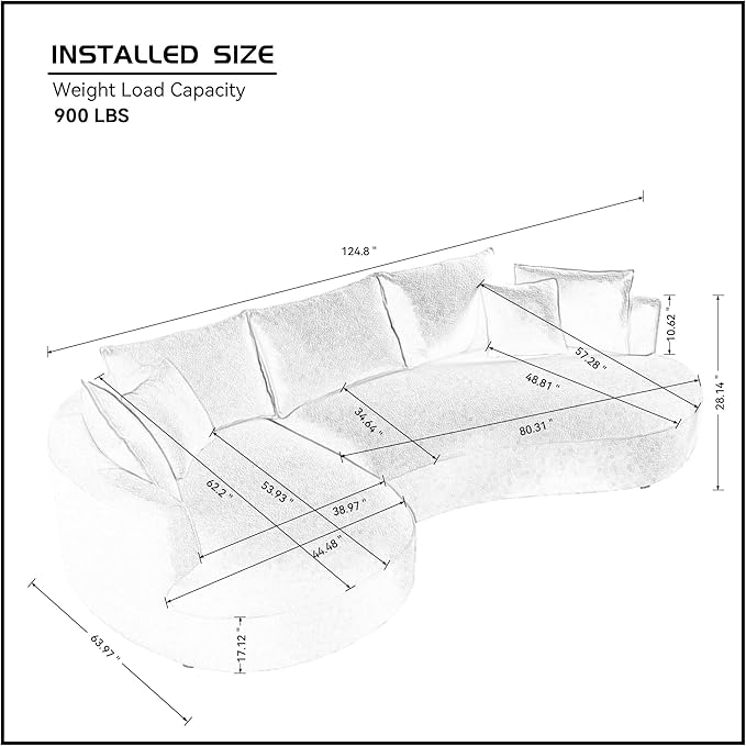 125'' Modern Curved Cloud Sofa Luxury Living Room 5 Seater Combo Sofa Cloud Curve Design Mid Century Upholstered Sofa with Ottoman for Living Room Bedroom Apartment (Boucle+Right Facing, Green)
