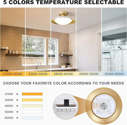 Dimmable Small Mid Century Modern Flush Mount Ceiling Light with Acrylic Shade,White and Gold LED Ceiling Lights,5CCT 2700K-6000K Light Fxiture for Hallway Entryway Bedroom Kitchen Laundry Room 11.8in