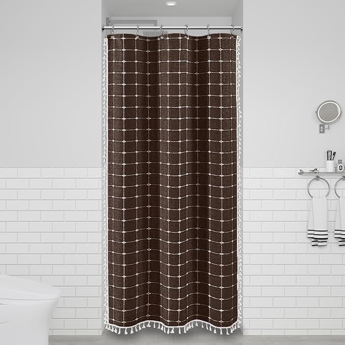 BTTN Boho Shower Stall Curtain - 36x72 Narrow Linen Ultra Thick Tassel Fabric Cloth Shower Curtain Set with 6 Plastic Hooks, Half Camper RV Modern Farmhouse Country Shower Curtains for Bathroom, Brown