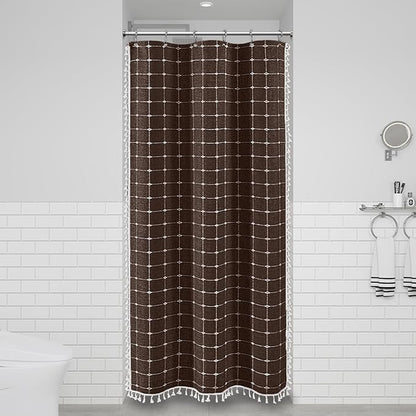 BTTN Boho Shower Stall Curtain - 36x72 Narrow Linen Ultra Thick Tassel Fabric Cloth Shower Curtain Set with 6 Plastic Hooks, Half Camper RV Modern Farmhouse Country Shower Curtains for Bathroom, Brown