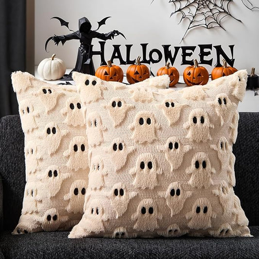 DFXSZ Halloween Pillow Covers 16x16 inch Set of 2 Beige Ghost Throw Pillow Cases Soft Plush Faux Fur Wool Cushion Case for Chair Bedroom Living Room Home Decor PTK03D16