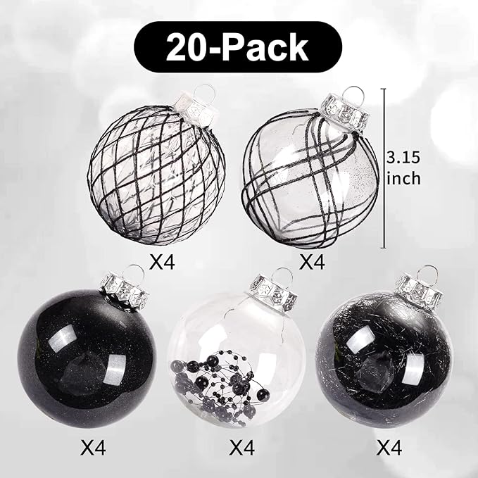 Christmas Ball Ornaments Set, 20ct Large Clear Black Shatterproof 80mm/3.15" Christmas Ornaments for Christmas Tree Decorations Hanging Decorative Baubles for Halloween Xmas Holiday Party Gift