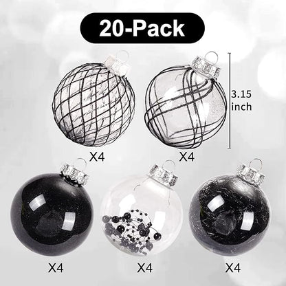 Christmas Ball Ornaments Set, 20ct Large Clear Black Shatterproof 80mm/3.15" Christmas Ornaments for Christmas Tree Decorations Hanging Decorative Baubles for Halloween Xmas Holiday Party Gift