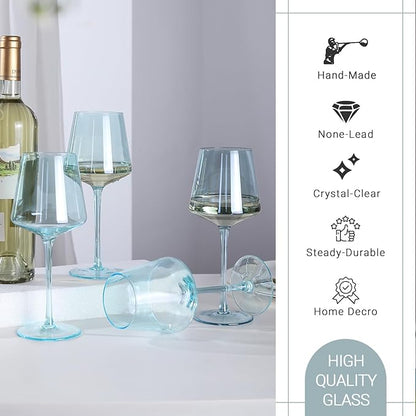 Light Blue Wine Glasses Set 6-16oz Modern Blue Wine Glasses With Tall Long Stem and Flat Bottom,Unique Blue Wine Stemware for Birthday Wedding Bridal Shower