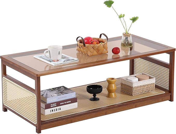 Tiita Coffee Tables for Living Room，Mid Century Modern Storage 2-Tier Coffee Tables，Rattan Glass RectangleTables，Suitable for Living Room Apartment, Large, Brown