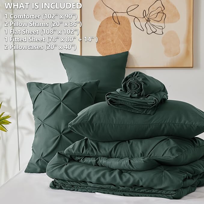 CozyLux King Size Comforter Set Forest Green, 7 Pieces Pintuck Bed in A Bag Green Comforter King Size, Pinch Pleat Bedding Set with All Season Comforter, Sheets, Pillowcases & Shams