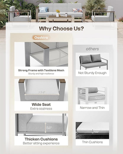 Outdoor Furniture Set, 5 Piece Aluminum Patio Furniture Set with Table, Wide Seat and Thick Cushions, Outdoor Seating Patio Conversation Sets for Deck, Porch (LightGray)