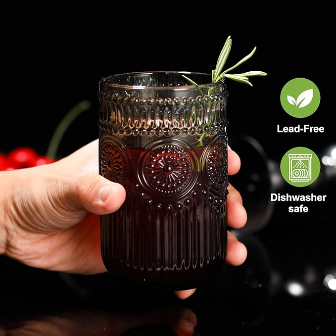 Grey Drinking Glasses Set of 12, 14 Oz Highball & 10 Oz Cocktail Glasses, Grey Kitchen Vintage Glassware Set, Floral Embossed Glass Tumbler Cups for Juice, Water, Beer, Whiskey, Coffee