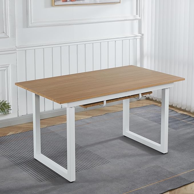 55''- 71'' Extendable Dining Room Table, Expandable Dining Table with Metal Leg, Modern Mid Century Large Table, for 2-6 Person, Light Oak