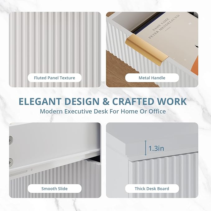 FURSUN 58" Fluted Modern Desk with Storage, Home Office Desk with 1 File Cabinet & 5 Drawers, Wood Executive Computer Writing Desk for Study, Living Room, Bedroom, White