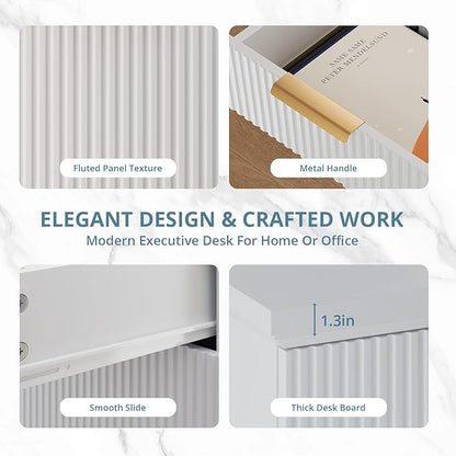 FURSUN 58" Fluted Modern Desk with Storage, Home Office Desk with 1 File Cabinet & 5 Drawers, Wood Executive Computer Writing Desk for Study, Living Room, Bedroom, White