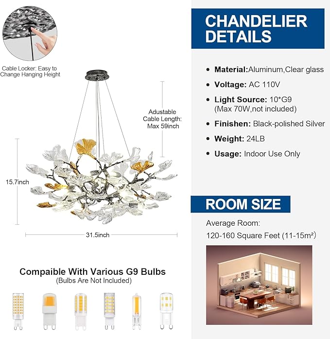 Modern Chandelier for Dining Room, Modern D31.5" Ginkgo Leaf Black Tree Branch Chandelier, Farmhouse Round Chandeliers Over Dining, Glass Lights for Living Room Bedroom Kitchen Island, 10-Light