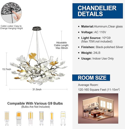 Modern Chandelier for Dining Room, Modern D31.5" Ginkgo Leaf Black Tree Branch Chandelier, Farmhouse Round Chandeliers Over Dining, Glass Lights for Living Room Bedroom Kitchen Island, 10-Light