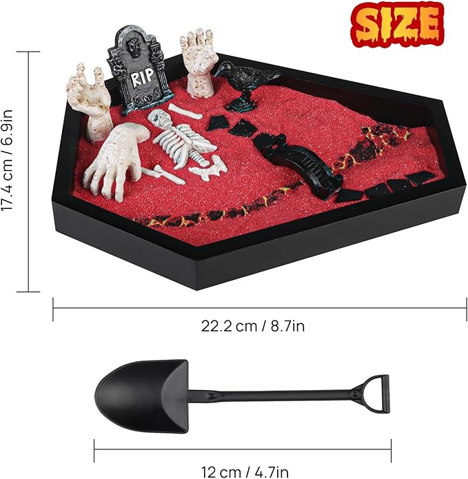 Coffin Zen Garden for Desk 7" x 9" Mini Zen Garden Kit Goth Accessories for Office Halloween Coffin Spooky Decor Sand Spooky Gifts Gothic Decor Gifts for Man Women