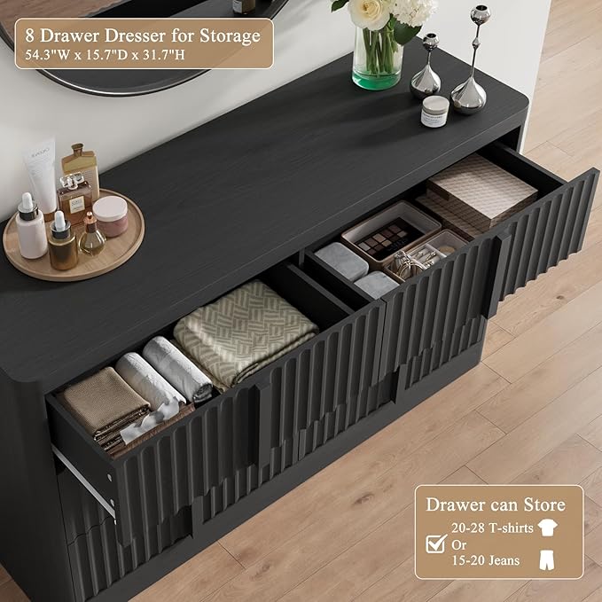 Fluted Dresser for Bedroom, 47" Wide 6 Drawer Dresser, Modern Chest of Drawers with Solid Wood Handle, Curved Profile Design, Wood Dressers Storage Organizer, Living Room, Hallway, Black