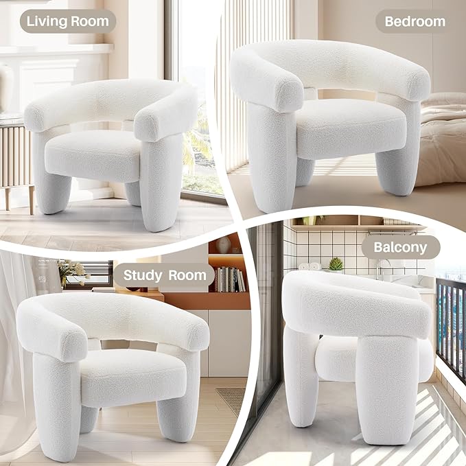 Mid Century Modern Accent Barrel Chair Comfy Upholstered Round Armchair with Montage Design, Sherpa Boucle Lounge Chair for Living Room Bedroom Apartment, Cream White
