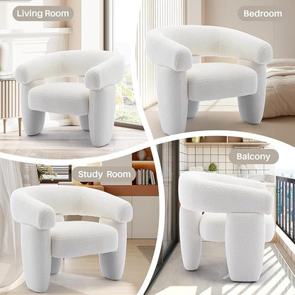 Mid Century Modern Accent Barrel Chair Comfy Upholstered Round Armchair with Montage Design, Sherpa Boucle Lounge Chair for Living Room Bedroom Apartment, Cream White