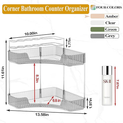 SUNZOS 2 Tier Corner Bathroom Counter Organizer, Bathroom Countertop Shelf with Makeup Brush Holder, Makeup Organizer for Vanity Perfume Tray for Corner Storage