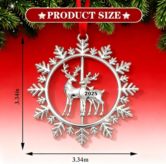 Christmas Ornaments 2025 for Tree Decoration Metal Snowflake Ornament 2025 Dated Xmas Wreath with Rotatable Reindeer Shiny Silver Holiday Decorative Keepsake Gifts for Family Friends