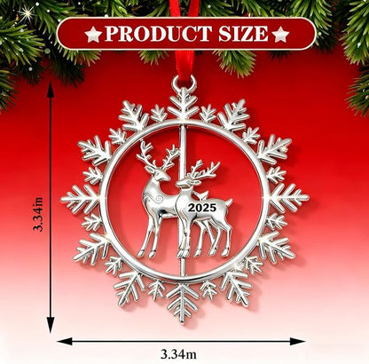 Christmas Ornaments 2025 for Tree Decoration Metal Snowflake Ornament 2025 Dated Xmas Wreath with Rotatable Reindeer Shiny Silver Holiday Decorative Keepsake Gifts for Family Friends