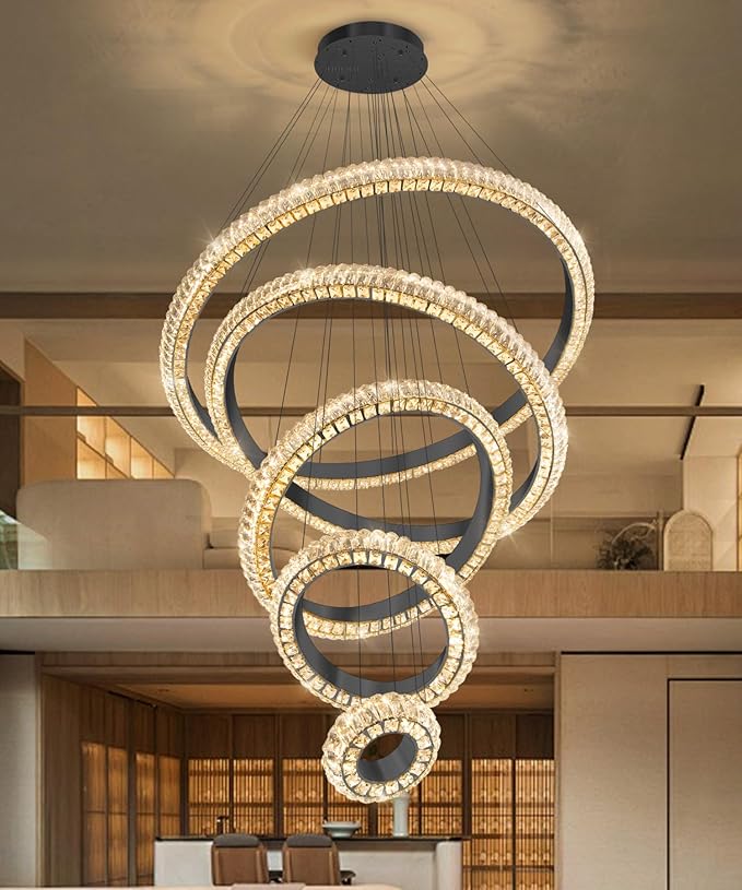 5 Ring Large Crystal Chandelier Modern LED Dimmable High Ceiling Chandelier Ring Contemporary Pendant Light Fixture for Living Room Foyer Staircase Gold D40''