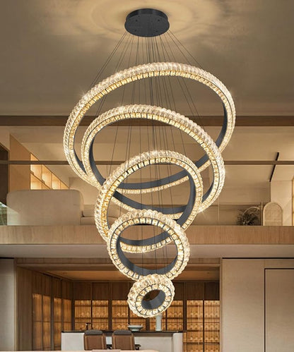 5 Ring Large Crystal Chandelier Modern LED Dimmable High Ceiling Chandelier Ring Contemporary Pendant Light Fixture for Living Room Foyer Staircase Gold D40''