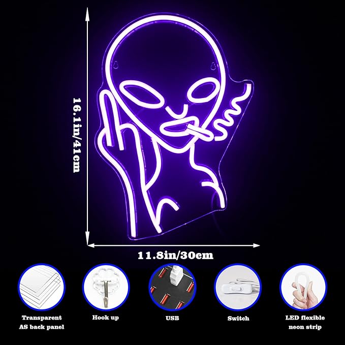 Lucunstar Purple Alien Neon Sign Purple Alien LED Sign Neon Signs for Wall Decor Dimmable Led Lights for Shop Bar Pub Man Cave Teen Room Game Room Hip Hop Party USB Powered 11.8x16.1 inches