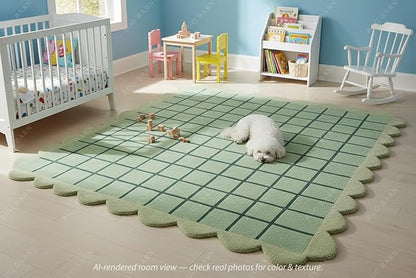 Mint Green Scalloped Edge Wool Area Rug with Checker Grid Design, Hand-Tufted Soft Carpet for Living Room, Bedroom, Nursery, Kids & Playroom Décor - 9x9 Ft (Square)