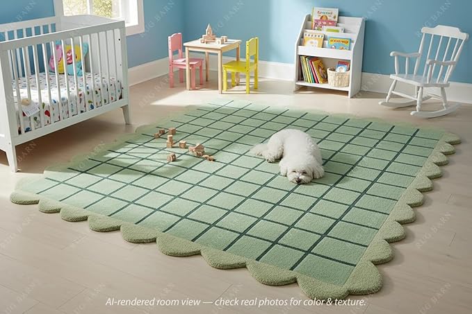 Mint Green Scalloped Edge Wool Area Rug with Checker Grid Design, Hand-Tufted Soft Carpet for Living Room, Bedroom, Nursery, Kids & Playroom Décor - 4x6 Ft