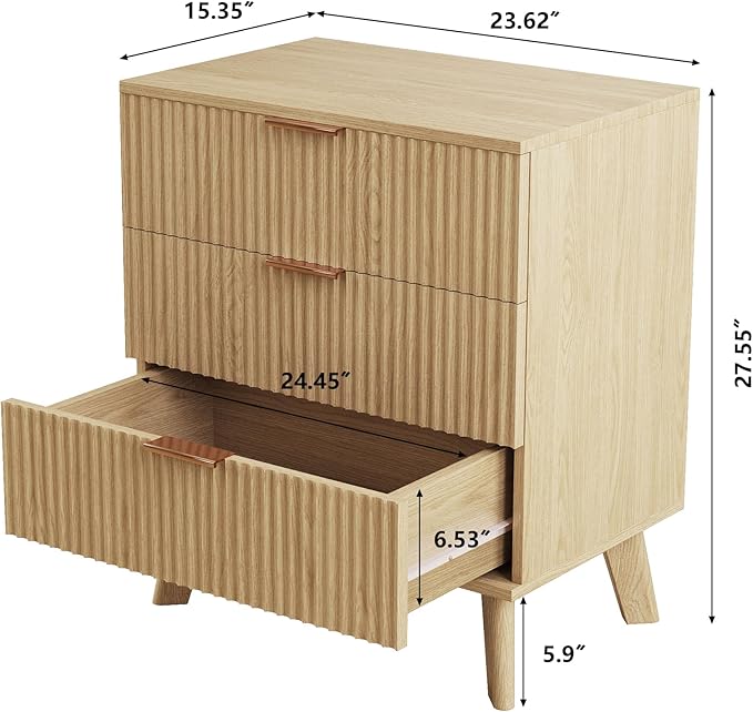 Fluted 3 Drawer Dressers, Modern Closet Dressers Chest of Drawers, Wood Storage Dresser Chest of Drawers Organizer for Bedroom Living Room Hallway Closet(Natural)