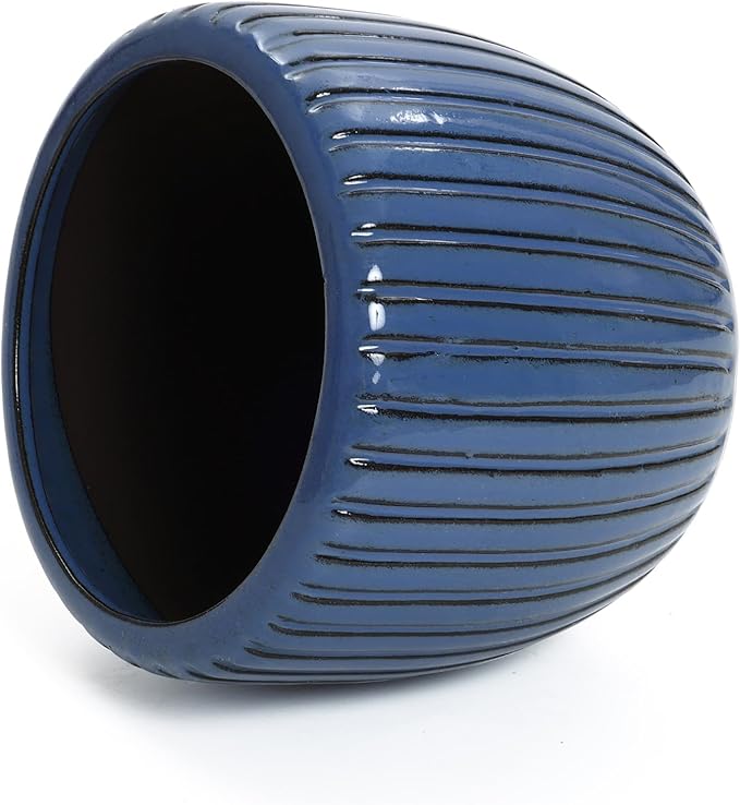 LuxenHome 11" Dia Ceramic Pots for Indoor Plants, Outdoor Large Planters with Drainage Holes and Rubber Plug, Modern Decorative Glazed Flower Pots, Blue Ribbed Round Planters for Home Garden Patio