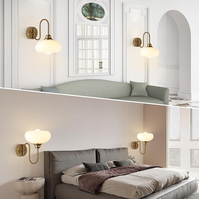 KCO Lighting 1-Light Vintage Bathroom Wall Sconces Gold Globe Wall Sconce Lighting Brushed Brass Bedroom Wall Lighting Milk Glass Wall Light Industrial Wall Lamp for Hallway Porch