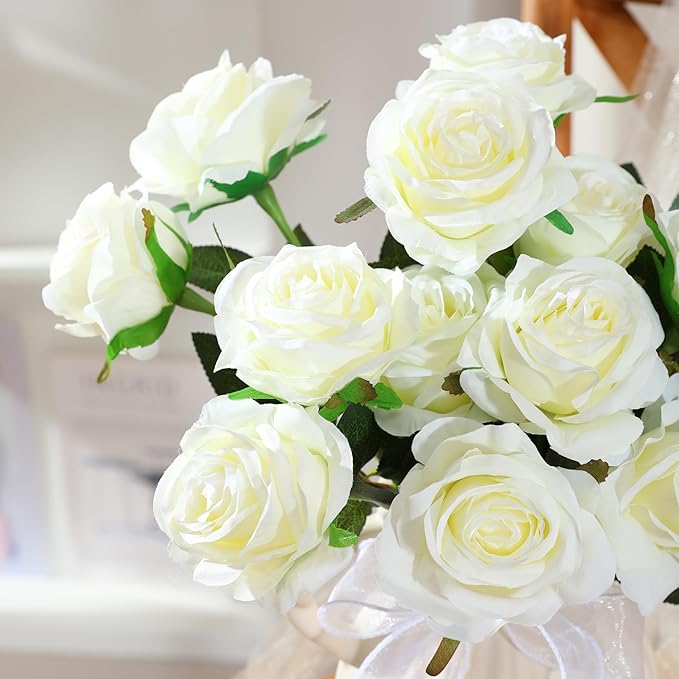 Nubry 50pcs Artificial Silk Roses Bulk,Fake Roses Flower with Stems Realistic Flowers for Wedding Centerpiece Home Party Decor(White)