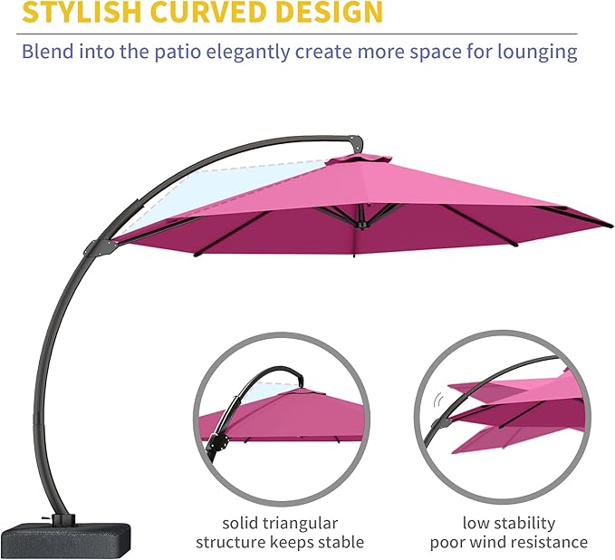 Kingdura 11ft Offset Cantilever Patio Umbrella with Base Included, Large Round Aluminum Outdoor Umbrella, 360° Rotation & Infinite Tilt, Heavy Duty Frame for Deck Pool Backyard, Rose Pink