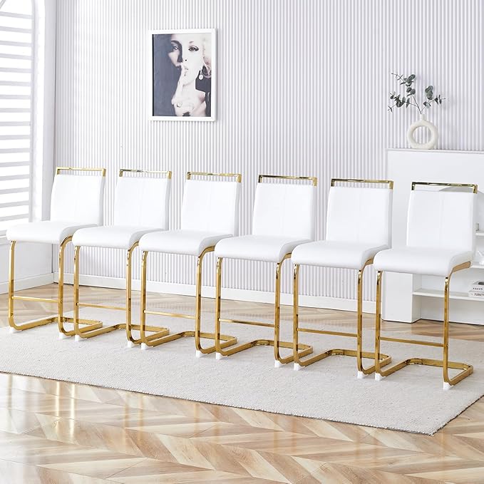 Counter Height Bar Stools Set of 6,Gold Bar Stools with Back,25" White Island Chairs with Gold Chrome Plated Metal Leg,Faux Leather Barstools for Pub Kitchen Counter Dining Chair