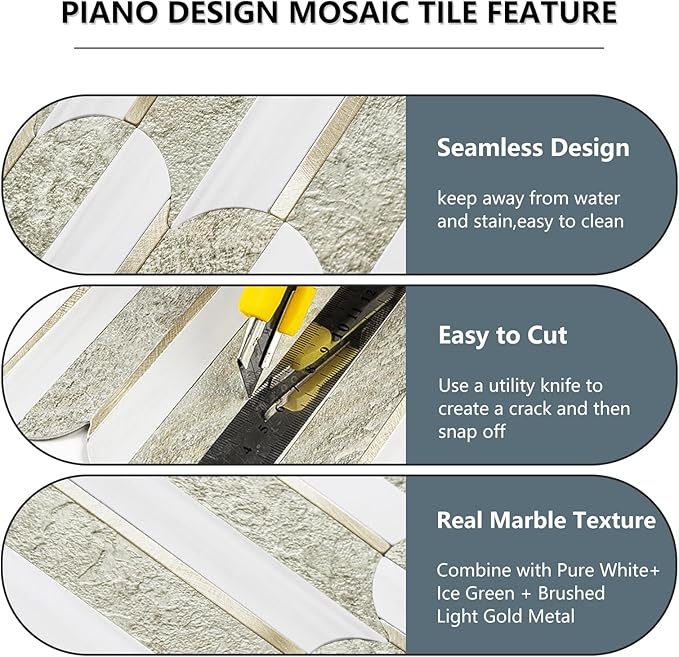 Vamos Tile Peel and Stick Backsplash Seamless Tile,Stick on Backsplash for Kitchen and Bathroom,Light Cream Green Slate and Dolomite White PVC Self Adhesive Mosaic Tiles (10 Sheets)