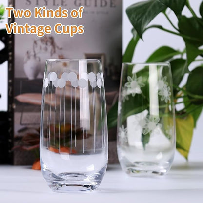 Set of 8 Etched Drinking Glasses, Hand Blown, 4 Highball Glasses 18oz & 4 Stemless Wine Glasses 15oz, Clear Water Glass Cups with Abstract Pattern, for Wedding, Gift