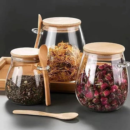 Airtight glass jar storage container with bamboo lid Set of 2, wide mouth, leak-proof, With a spoon, can be used for coffee beans, tea leaves, grains, dried fruits, etc (Middle)