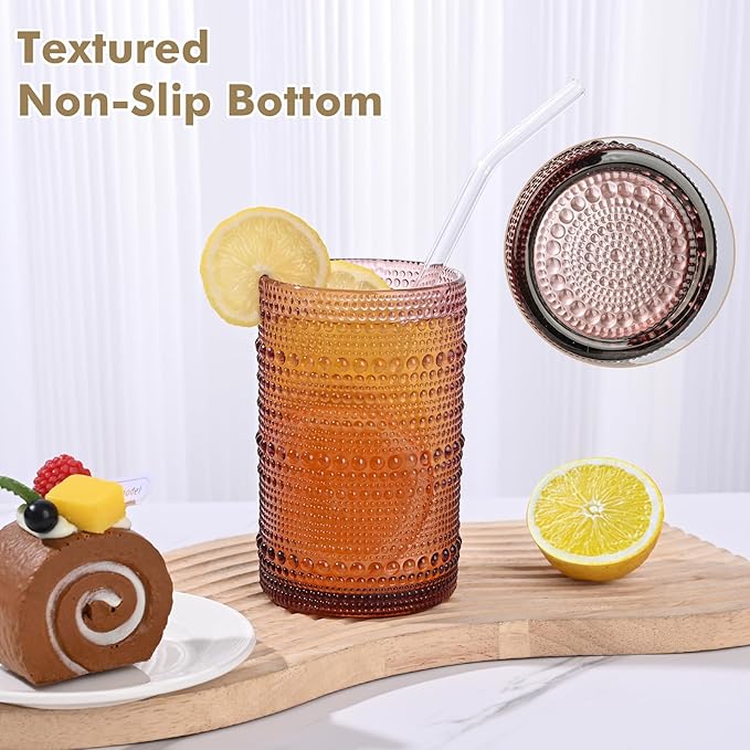 Vintage Hobnail Drinking Glasses Set of 8,Purple 12 oz & 15oz Highball Glass Cups, Kitchen Drinkware Glassware