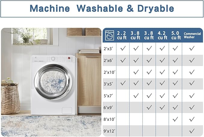 Washable Rugs 8x10 Area Rugs for Living Room,Modern Abstract Rugs for Bedroom,Large Carpets,Ultra Soft Faux Wool Retro Dining Room Rug,Non Slip&Non-Shedding Low Pile Print Rug- Blue Beige