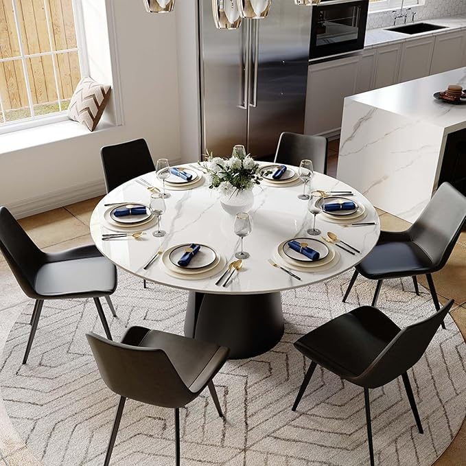 POVISON 59" Round Dining Table for 6, Glossy White Sintered Stone Dining Tabletop with Black Carbon Steel Base, Circle Kitchen Table for Dining Room (Table Only)