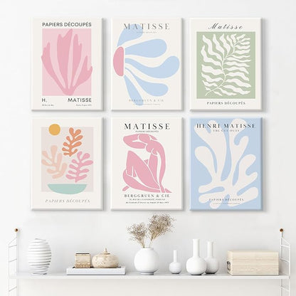 Henri Matisse Wall Art Prints Pink Blue Canvas Wall Decor Aesthetic Pictures Wall Art Danish Pastel Painting Henri Matisse Poster Trendy Artwork for Bedroom 8x10 Inch Wrapped Canvas Set of 6
