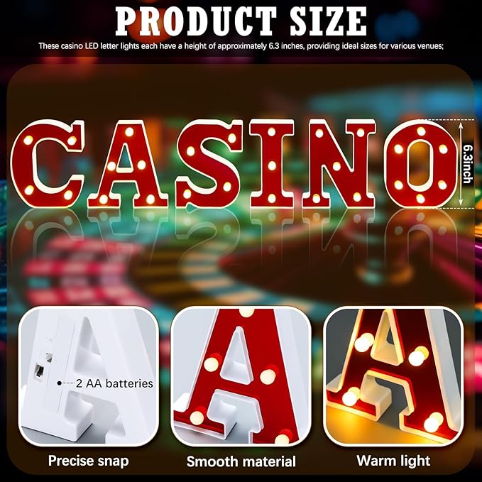 Casino Movie Night Letters Sign Party Decor Battery Powered Marquee Lighted Sign LED Alphabet Letter Lights for Christmas Casino Theme Party Birthday Home Tabletop Decor Supplies Xmas Gift
