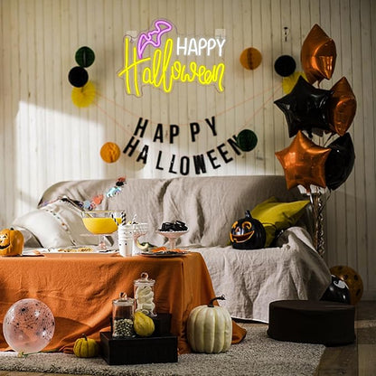 LUCUNSTAR Happy Halloween Neon Sign,Neon Signs for Wall Decor,Dimming Light LED Acrylic Bat Shape Wall Light Signs Lights for Halloween Day Decor,Man Cave Bedroom,Party