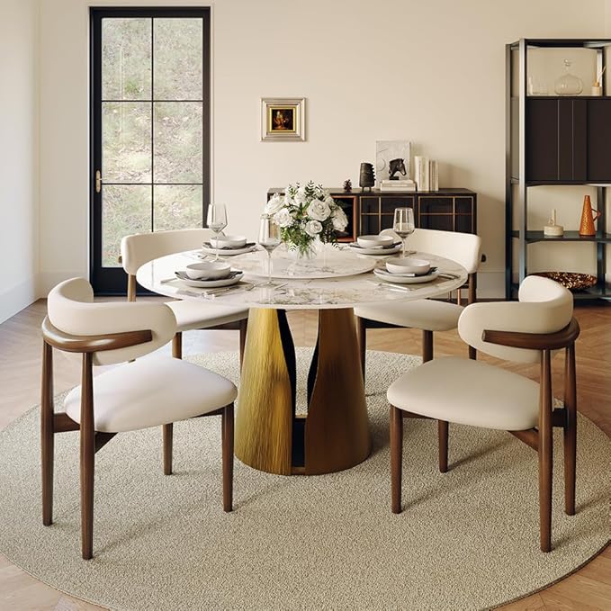 POVISON Round Dining Table for 4, 47" Modern Dining Room Table with 23" Lazy Susan, Pandora Sintered Stone Dining Tabletop with Black Carbon Steel Pedestal(Dining Table Only)