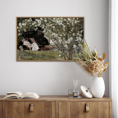 KBKBART Framed Vintage Canvas Wall Art, Retro French Country Garden Women Flower Classical Painting Bedroom Art Print, Rustic Vintage Wall Decor Ready To Hang for Bathroom, Living Room, Office,