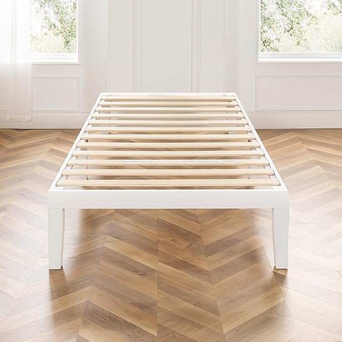 Mellow Naturalista Classic 16 Inch Solid Wood Platform Bed with Wooden Slats, White, Twin