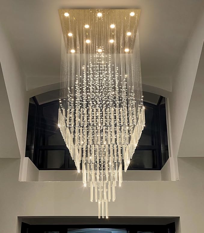 W32 x H120 Glam Chandelier with LED Bulbs Square Chandeliers, Crystal Raindrop High Ceiling Pendant Light for Entrance Large Villa Foyer Lighting Fixtures Gold