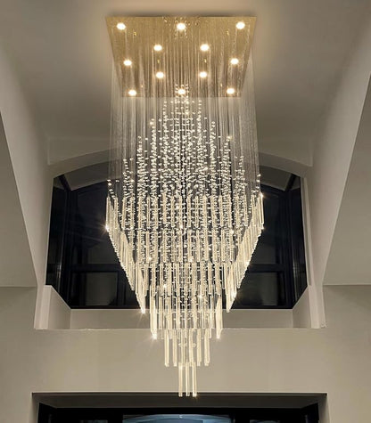 W32 x H120 Glam Chandelier with LED Bulbs Square Chandeliers, Crystal Raindrop High Ceiling Pendant Light for Entrance Large Villa Foyer Lighting Fixtures Gold